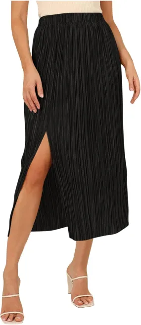 Skirts for Women Summer Boho Elegant Front Split Long Flowy Skirts Comfy Beach Elatic Waist Pleated A-Line Skirt