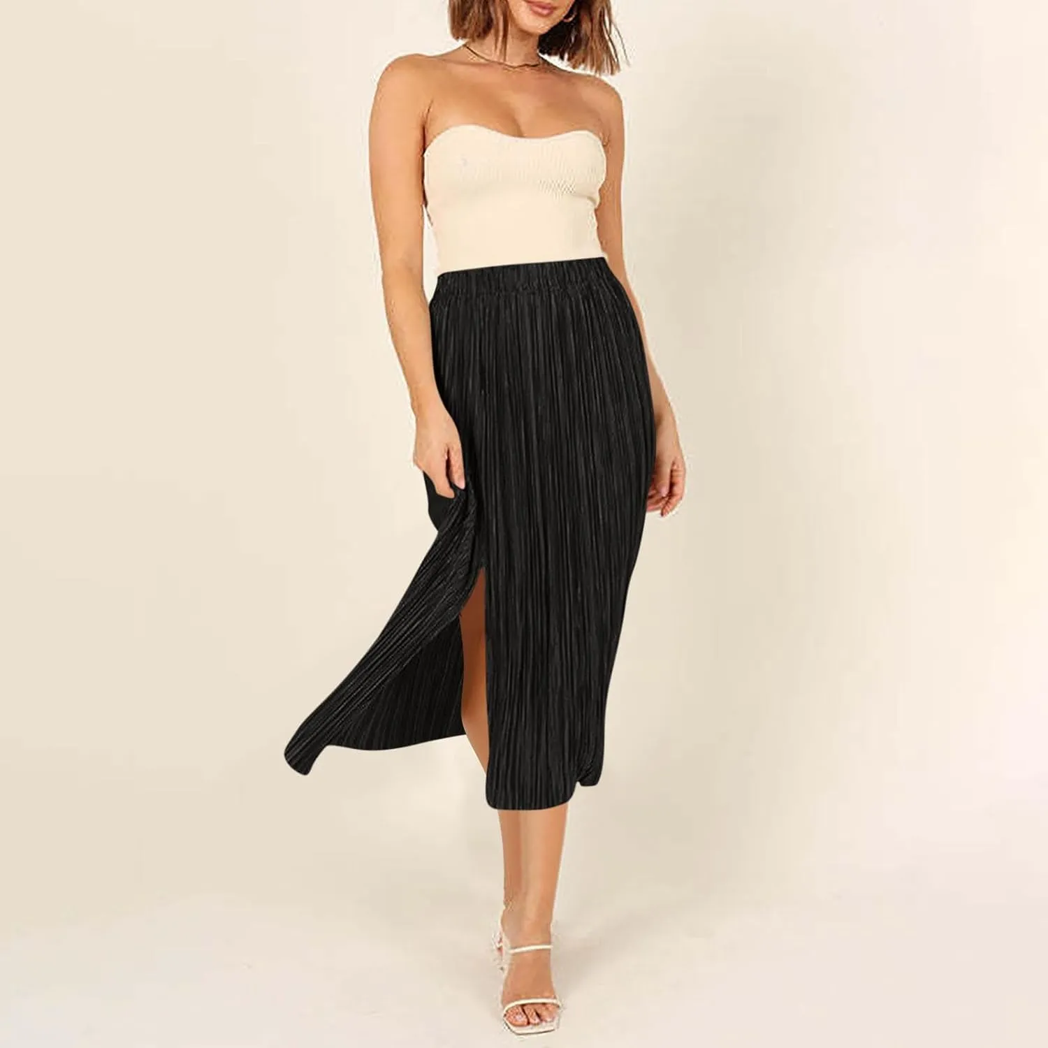 Skirts for Women Summer Boho Elegant Front Split Long Flowy Skirts Comfy Beach Elatic Waist Pleated A-Line Skirt