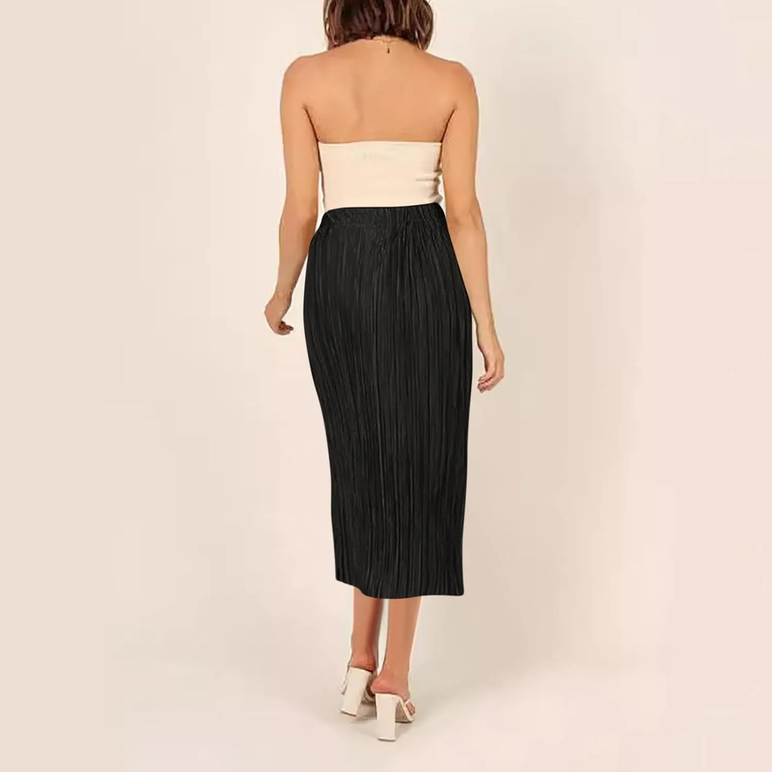Skirts for Women Summer Boho Elegant Front Split Long Flowy Skirts Comfy Beach Elatic Waist Pleated A-Line Skirt