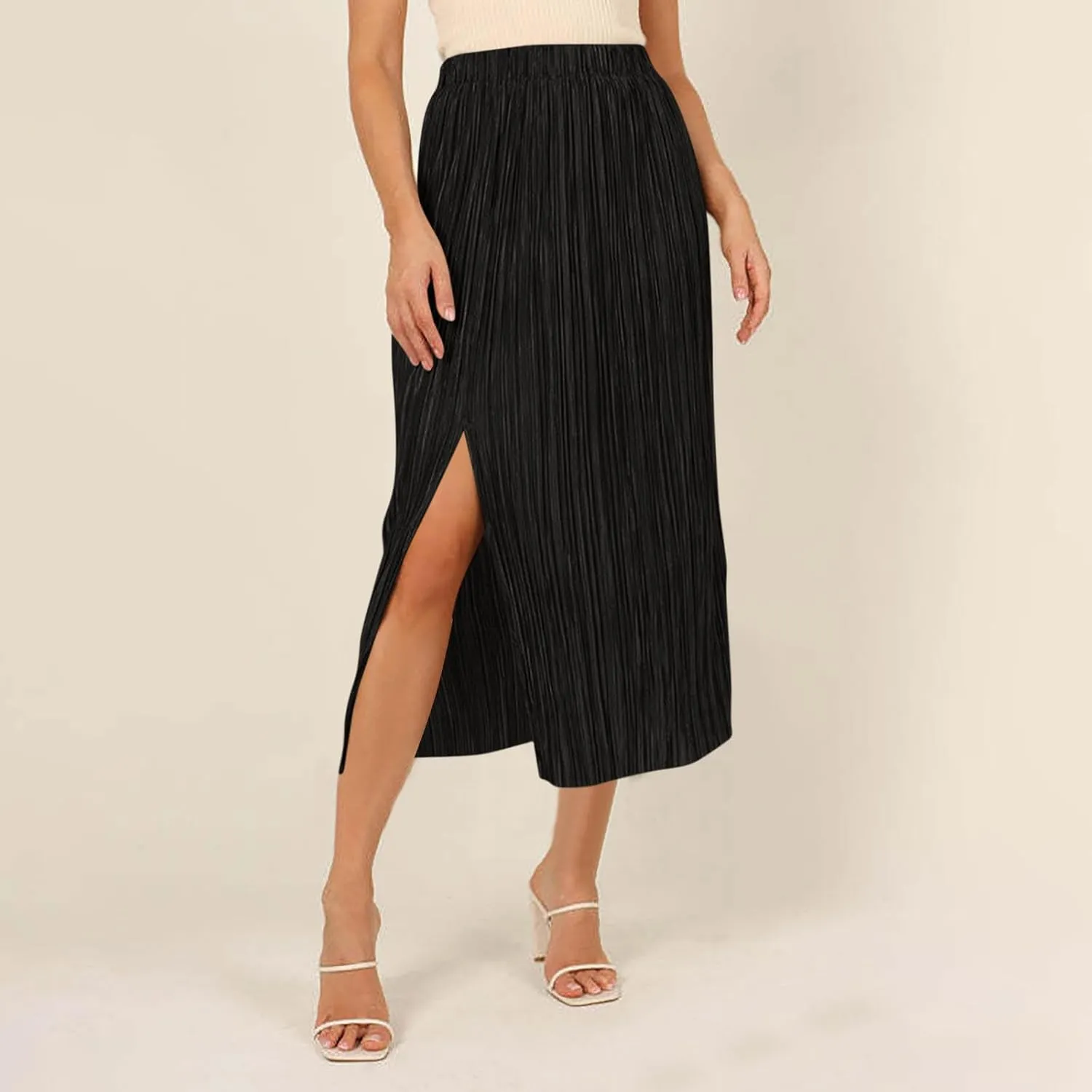 Skirts for Women Summer Boho Elegant Front Split Long Flowy Skirts Comfy Beach Elatic Waist Pleated A-Line Skirt
