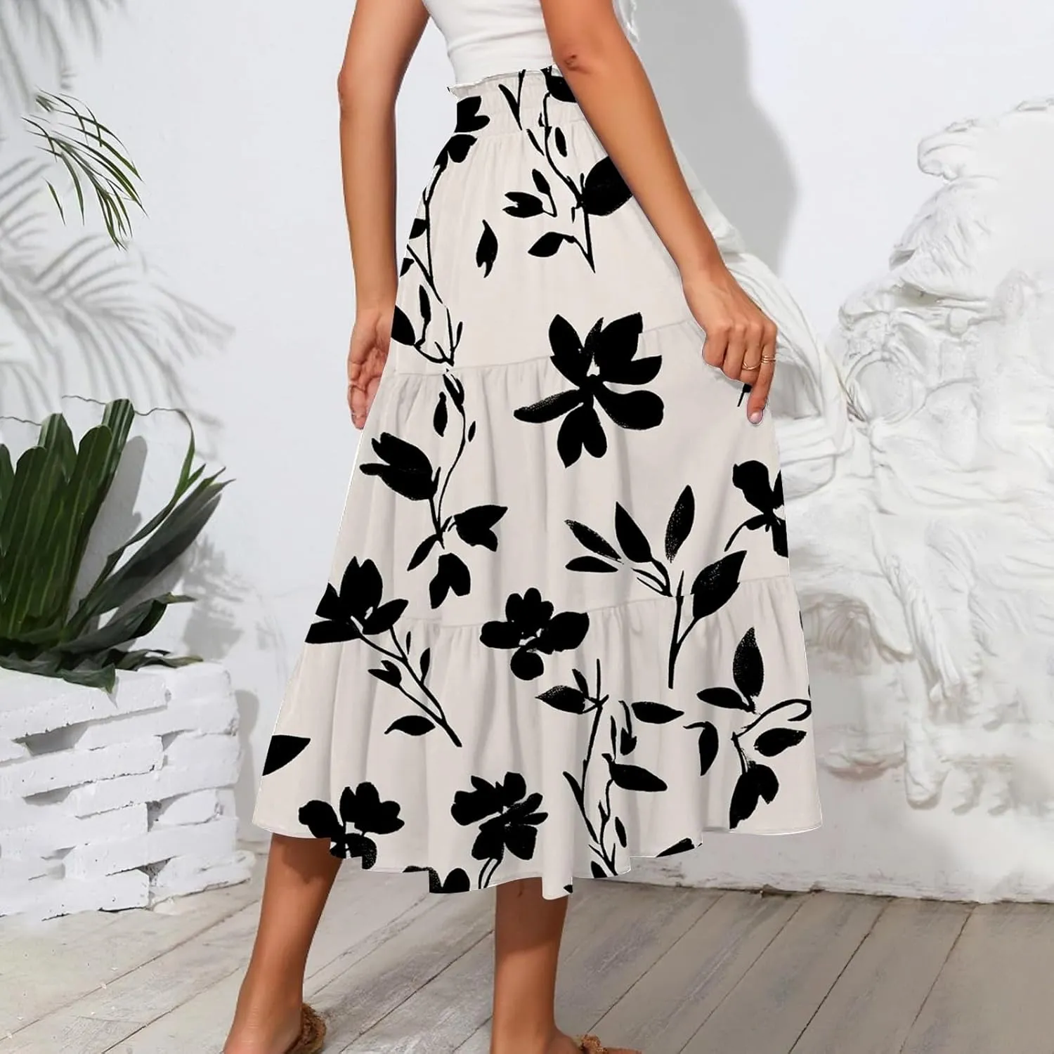 Skirts for Women Trendy A Line Elastic Waist Printed Skirts for Women Casual Boho Elegant Skirt with Pockets