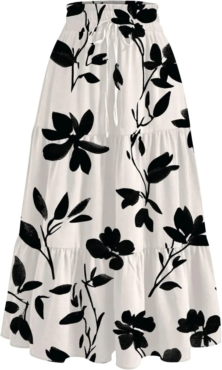 Skirts for Women Trendy A Line Elastic Waist Printed Skirts for Women Casual Boho Elegant Skirt with Pockets