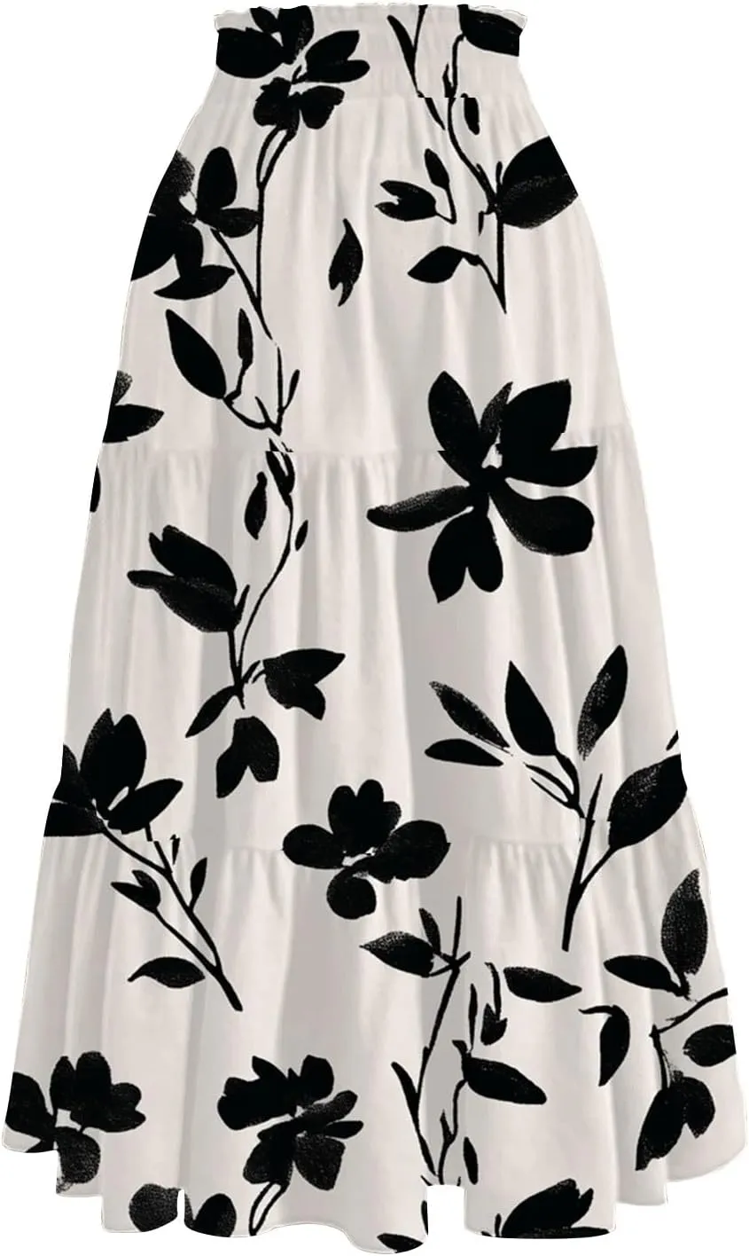 Skirts for Women Trendy A Line Elastic Waist Printed Skirts for Women Casual Boho Elegant Skirt with Pockets