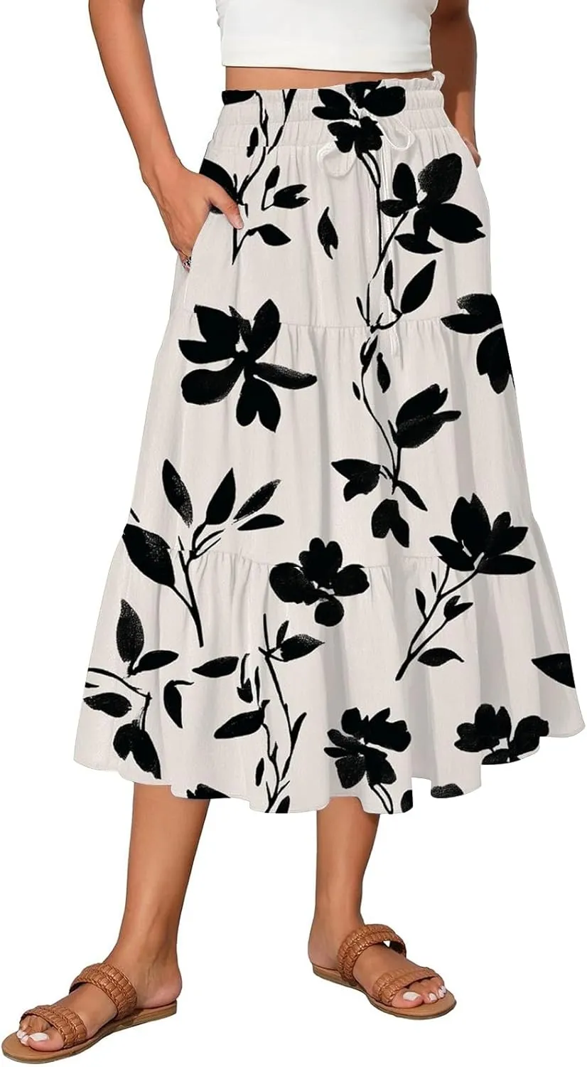 Skirts for Women Trendy A Line Elastic Waist Printed Skirts for Women Casual Boho Elegant Skirt with Pockets