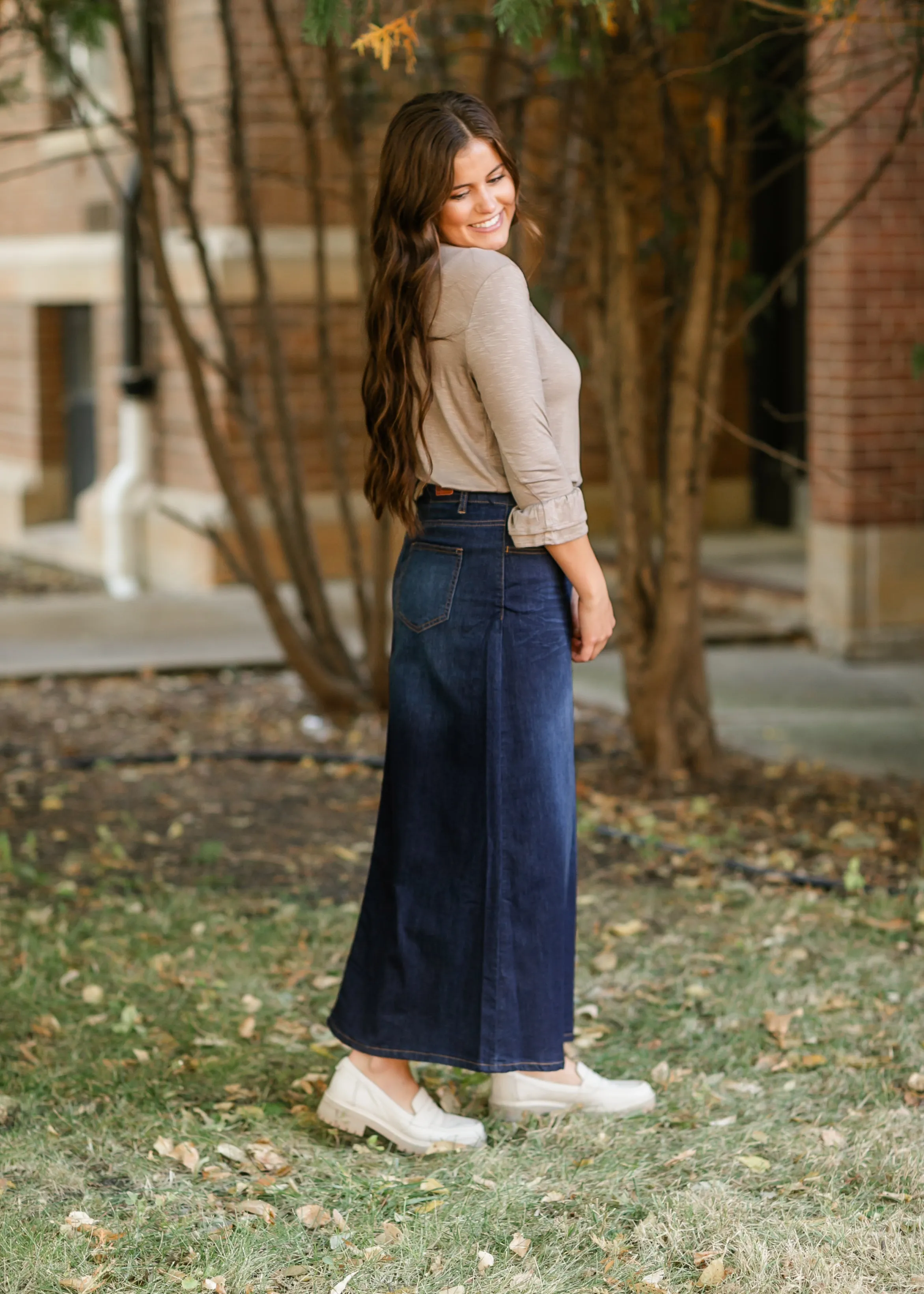 Stretchy A-line Dark Wash Denim Skirt
