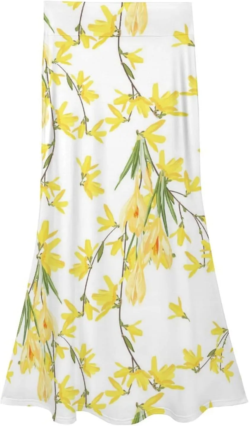 Stylish Yellow Florals Thai Style Maxi Skirt High Waist Invisible Zipper Ruffle Bohemia Summer Skirt