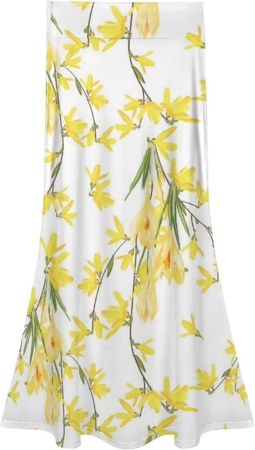 Stylish Yellow Florals Thai Style Maxi Skirt High Waist Invisible Zipper Ruffle Bohemia Summer Skirt