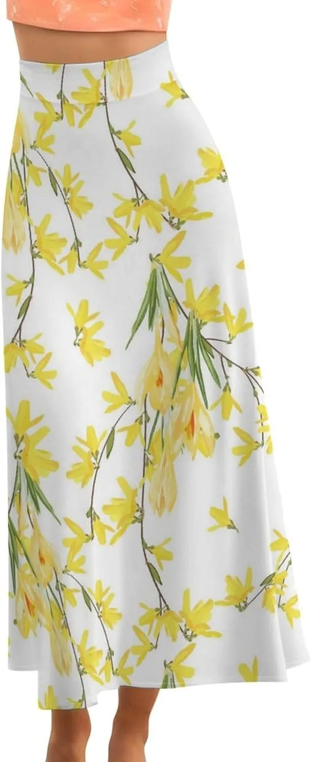 Stylish Yellow Florals Thai Style Maxi Skirt High Waist Invisible Zipper Ruffle Bohemia Summer Skirt