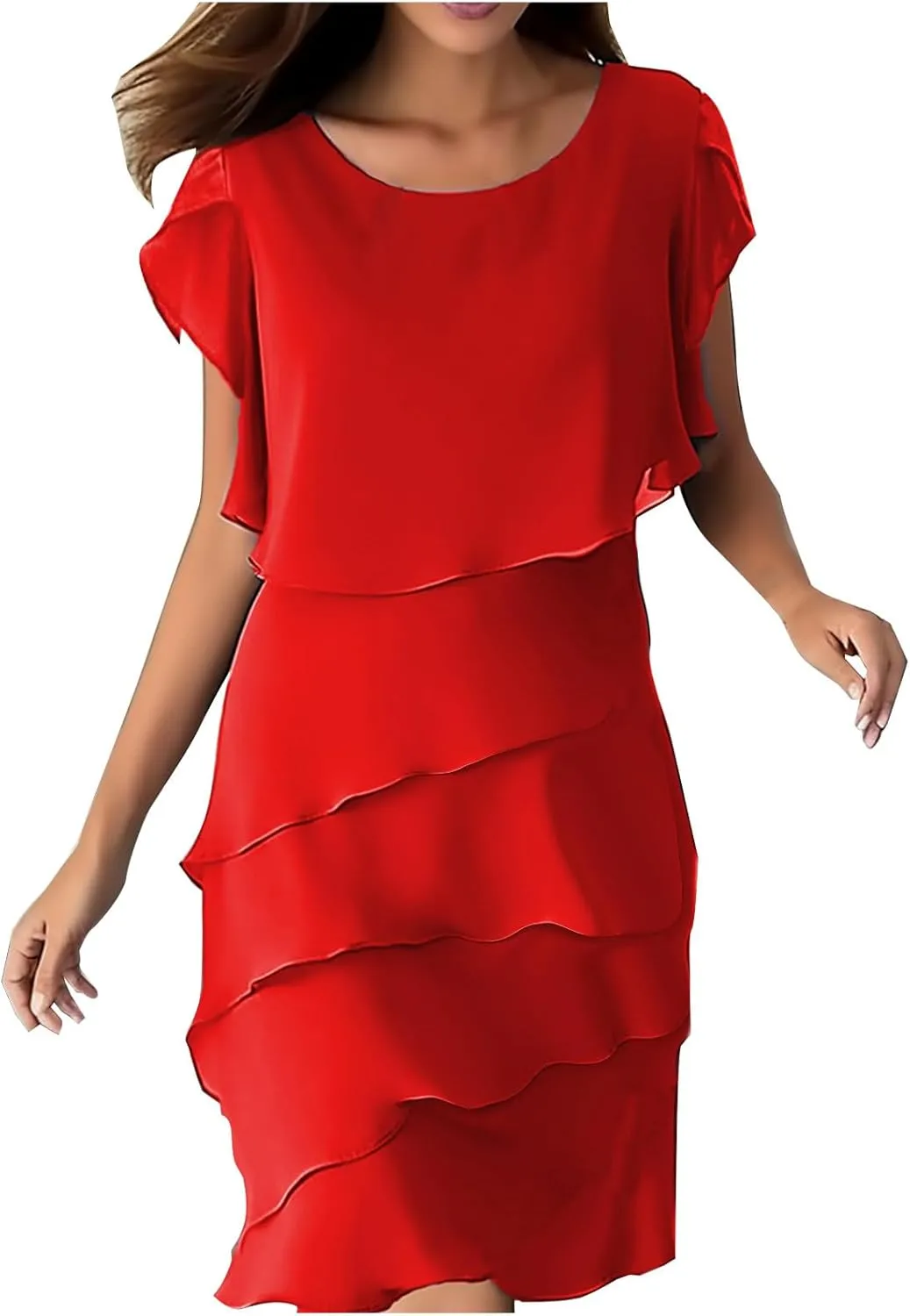 Summer Layered Ruffle Shift Tunic Dresses for Women Stylish Petal Sleeve Flowy Beach Mini Dress for Casual Party