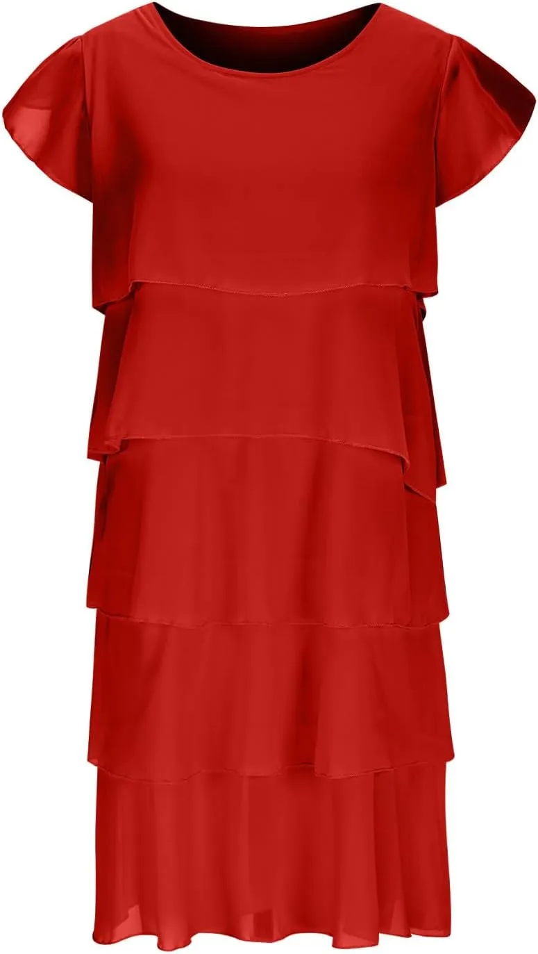 Summer Layered Ruffle Shift Tunic Dresses for Women Stylish Petal Sleeve Flowy Beach Mini Dress for Casual Party