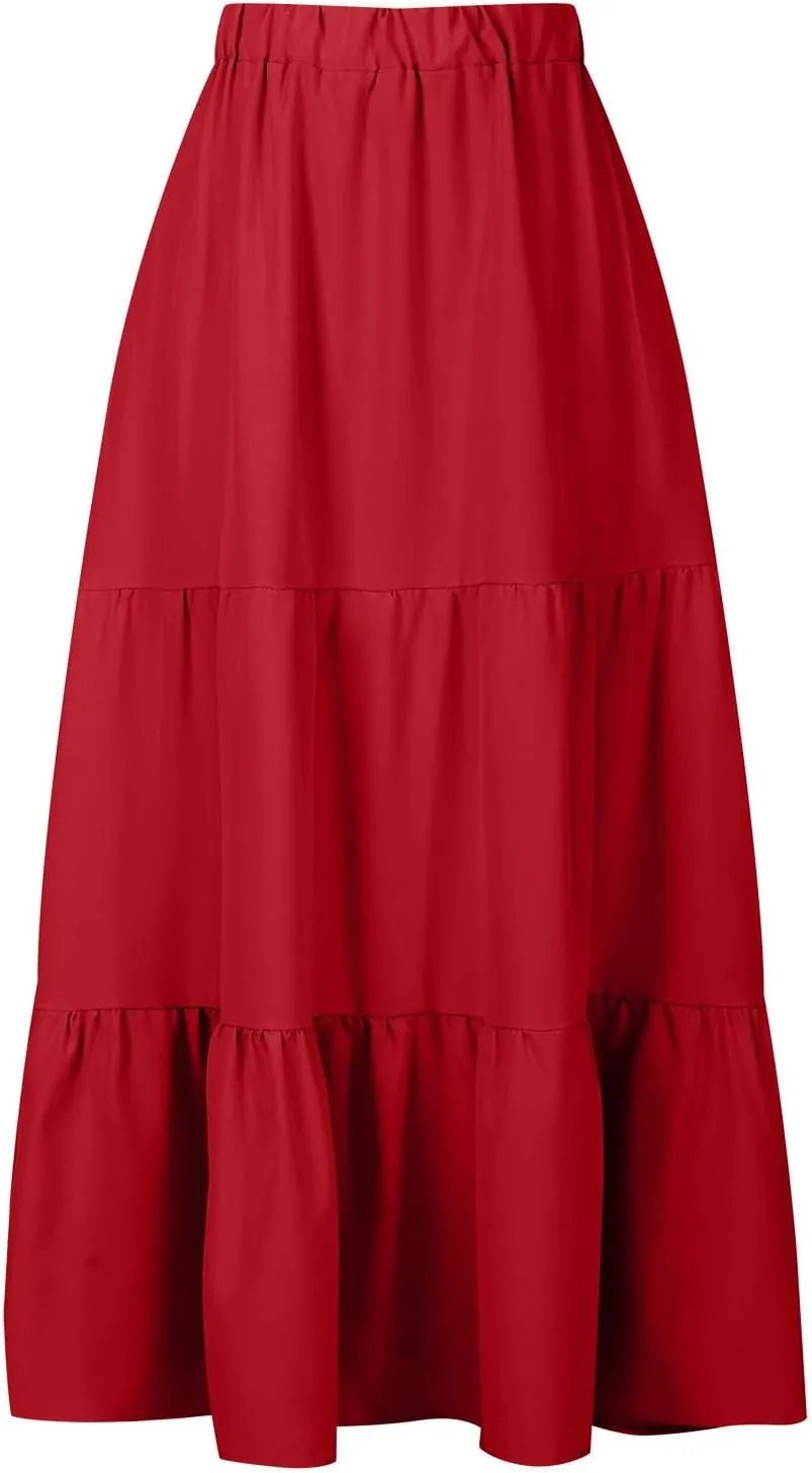 Summer Ruffle Skirt Women A Line Boho Skirt Flowy Long Skirt with Pocket Elastic Waist Beach Skirt Pleated Maxi Skirt