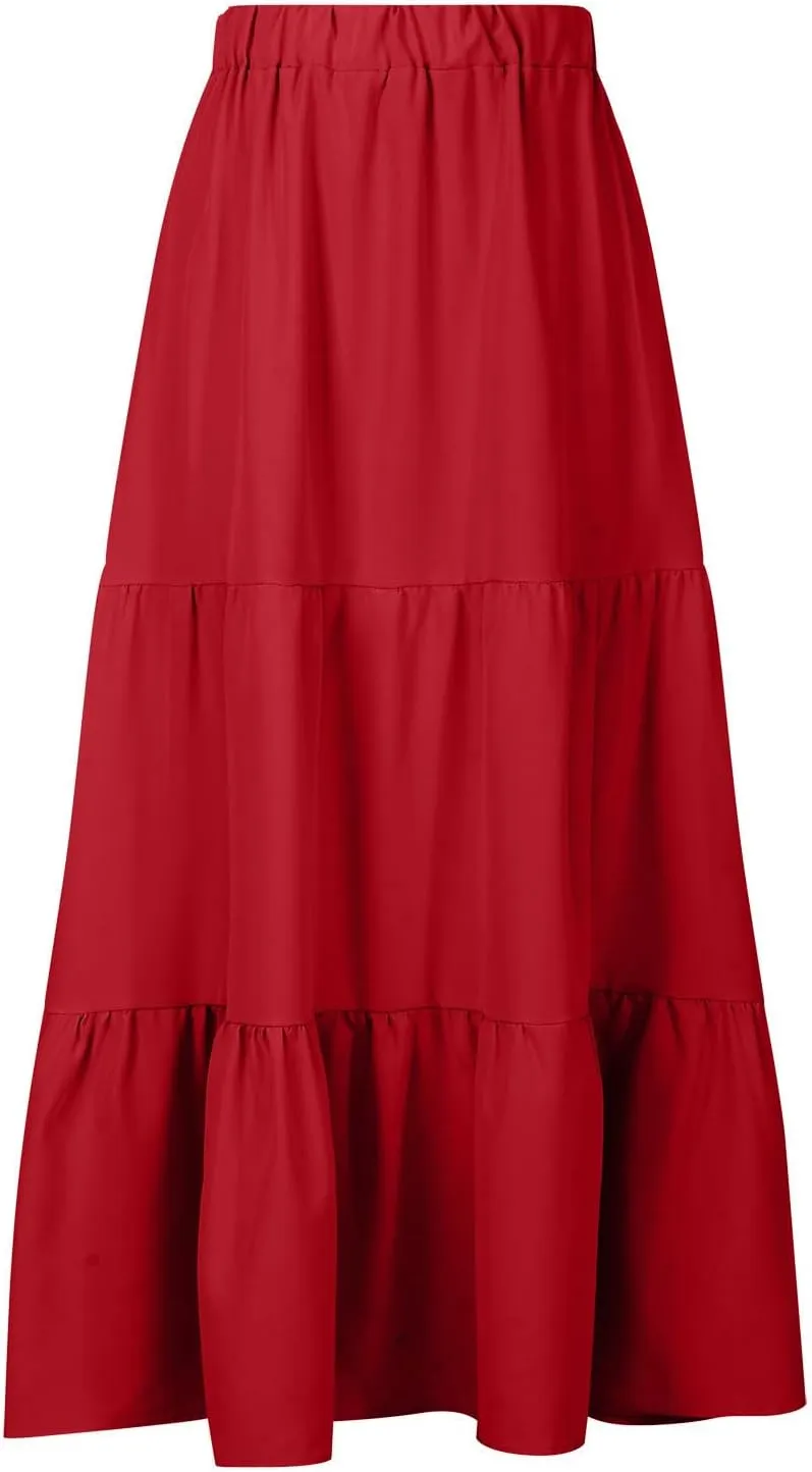 Summer Ruffle Skirt Women A Line Boho Skirt Flowy Long Skirt with Pocket Elastic Waist Beach Skirt Pleated Maxi Skirt