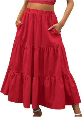 Summer Ruffle Skirt Women A Line Boho Skirt Flowy Long Skirt with Pocket Elastic Waist Beach Skirt Pleated Maxi Skirt