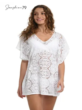 Sunshine '79 Chillin' Crochet V-Neck Caftan Cover Up - White