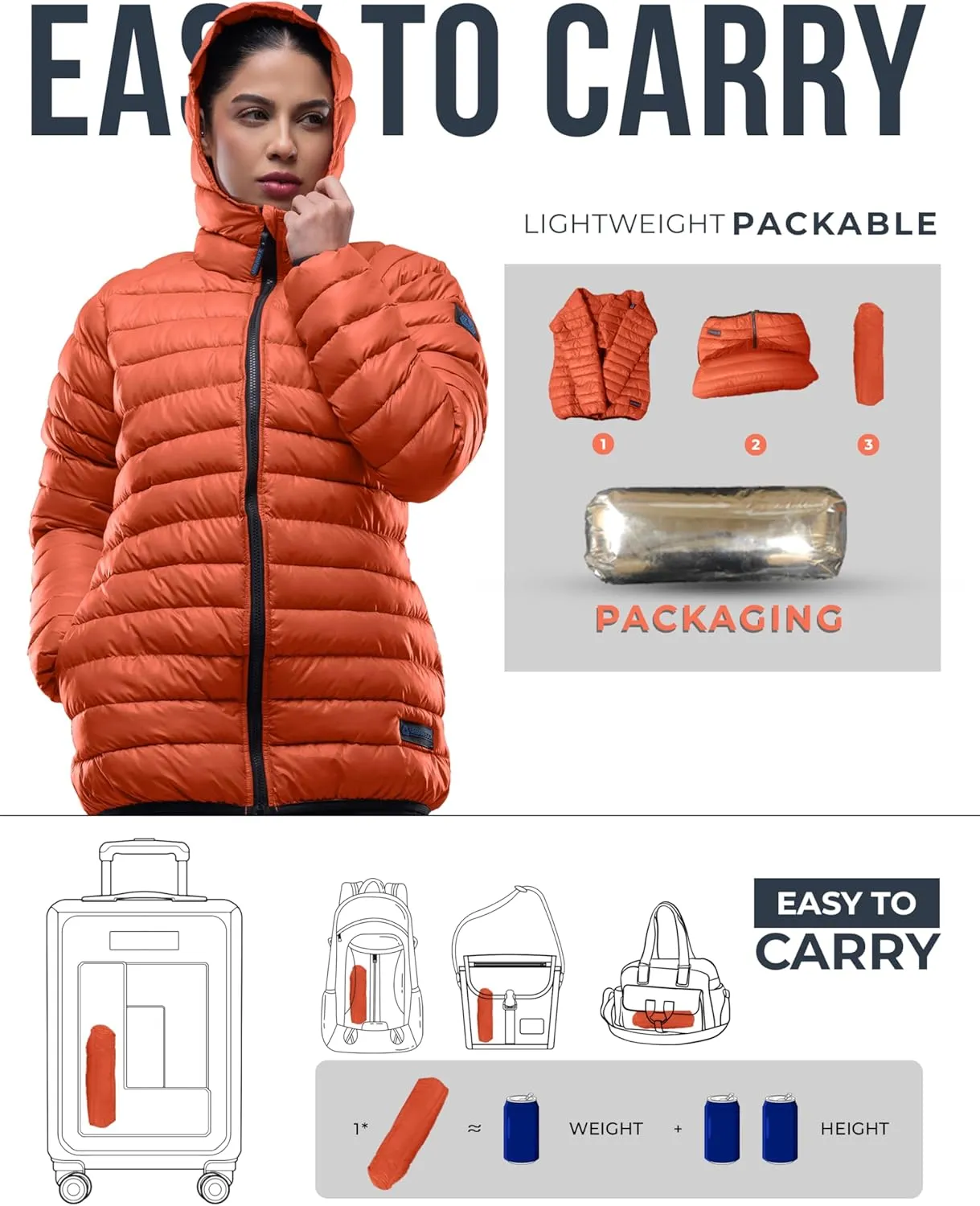 URBAN BUCK Packable Puffer Jacket Women with Hood – 32 Degree Lightweight Quilted Winter Puff Foldable Jacket for Women