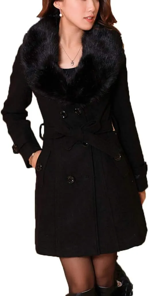 watersouprty Women's Faux Fur Lapel Double-Breasted Thick Long Wool Trench Coat Jacket