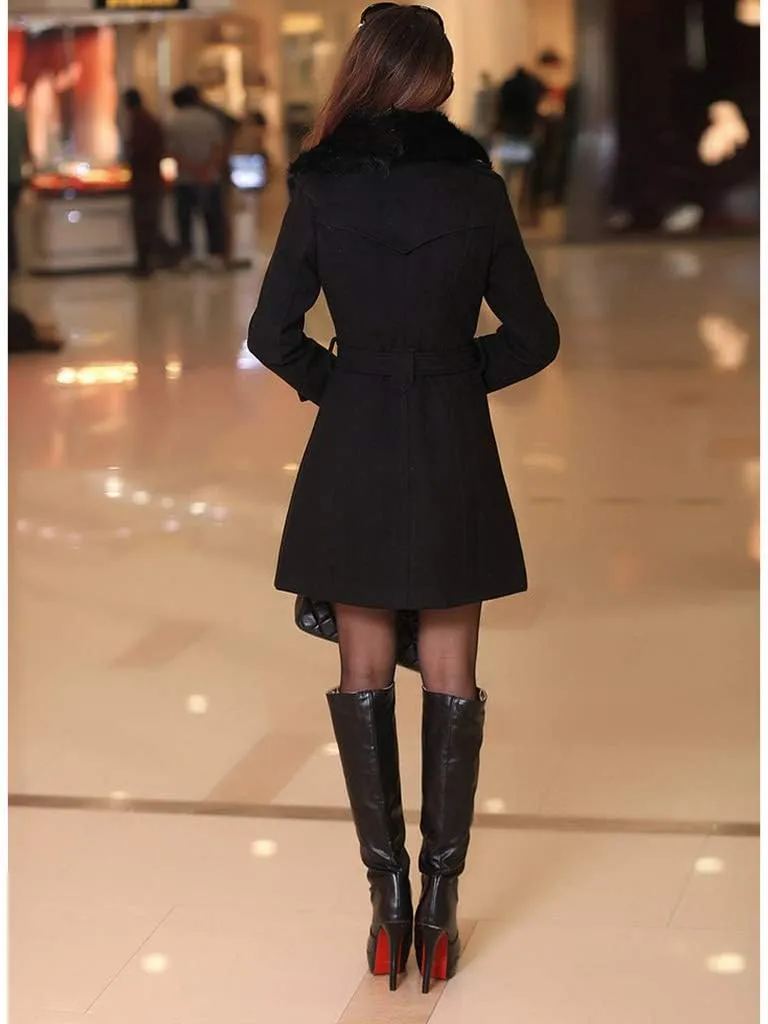 watersouprty Women's Faux Fur Lapel Double-Breasted Thick Long Wool Trench Coat Jacket