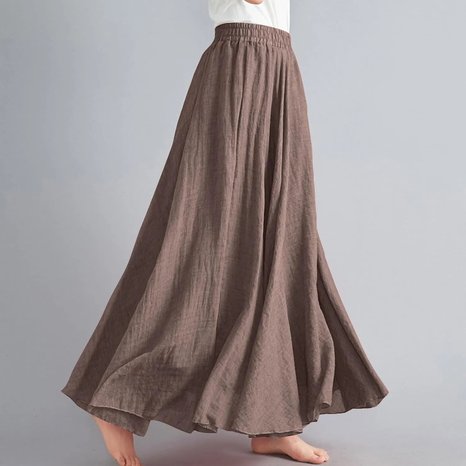 Women Bohemian Beach A-Line Dress Elastic High Waist Maxi Linen Skirt Summer Casual Boho Swing Flowy Long Skirts