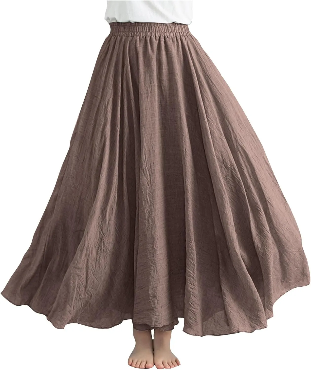 Women Bohemian Beach A-Line Dress Elastic High Waist Maxi Linen Skirt Summer Casual Boho Swing Flowy Long Skirts