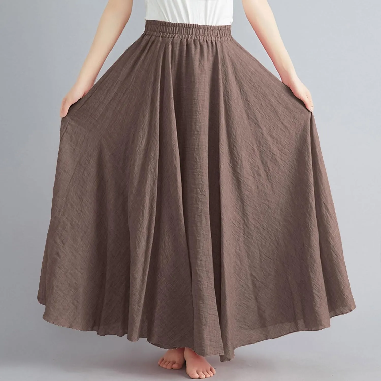 Women Bohemian Beach A-Line Dress Elastic High Waist Maxi Linen Skirt Summer Casual Boho Swing Flowy Long Skirts