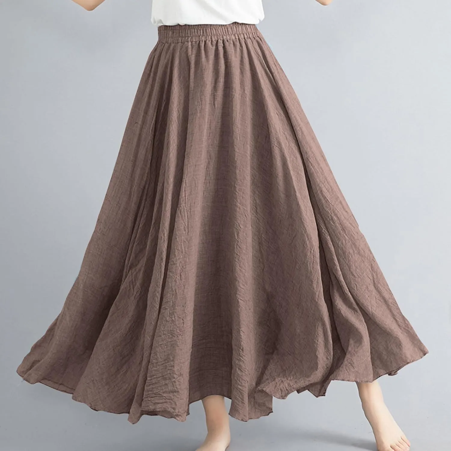 Women Bohemian Beach A-Line Dress Elastic High Waist Maxi Linen Skirt Summer Casual Boho Swing Flowy Long Skirts