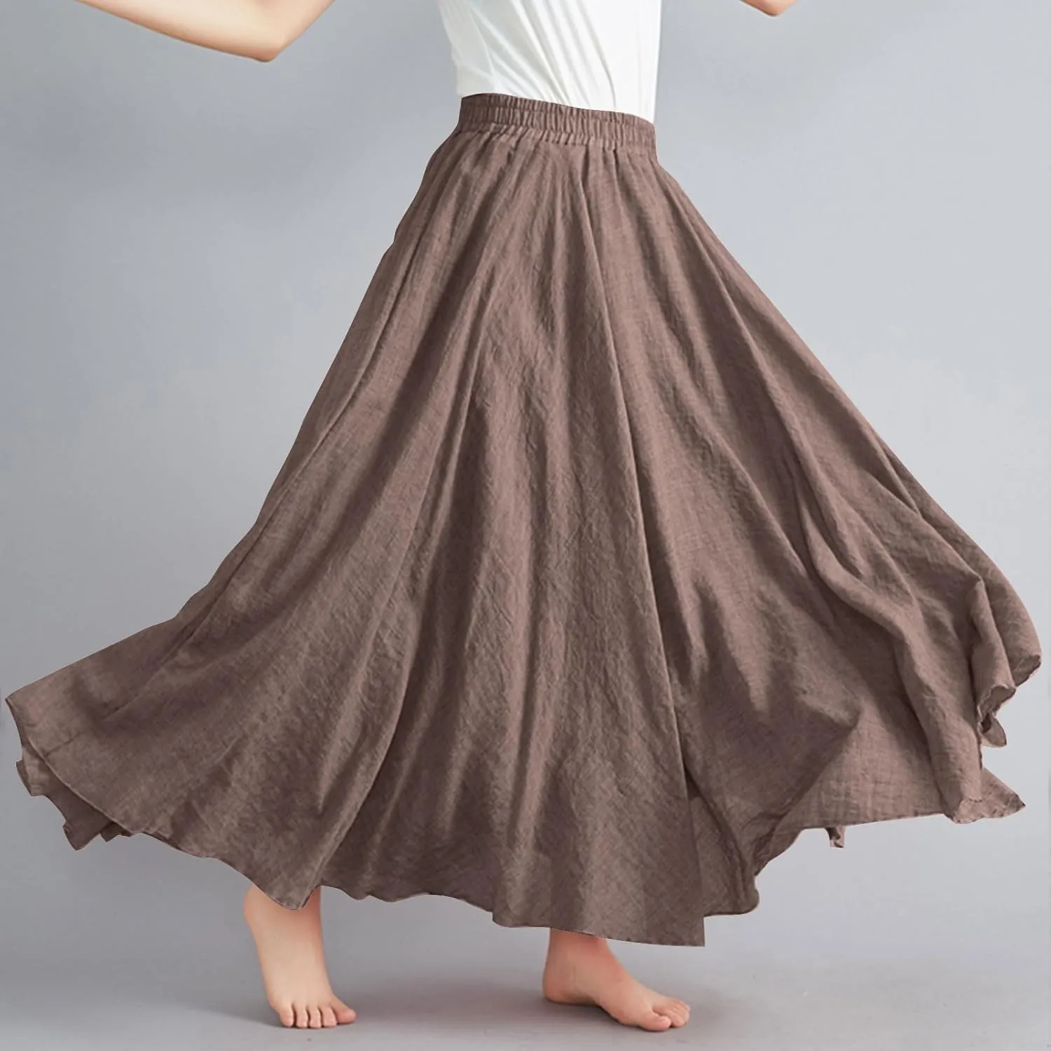 Women Bohemian Beach A-Line Dress Elastic High Waist Maxi Linen Skirt Summer Casual Boho Swing Flowy Long Skirts
