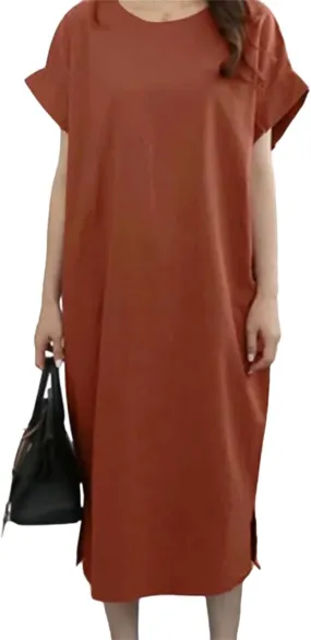 Women Casual Sleeveless Linen Dress Solid Color Women's Dress Comfortable Round Neck Short Sleeved Split Linen Dress