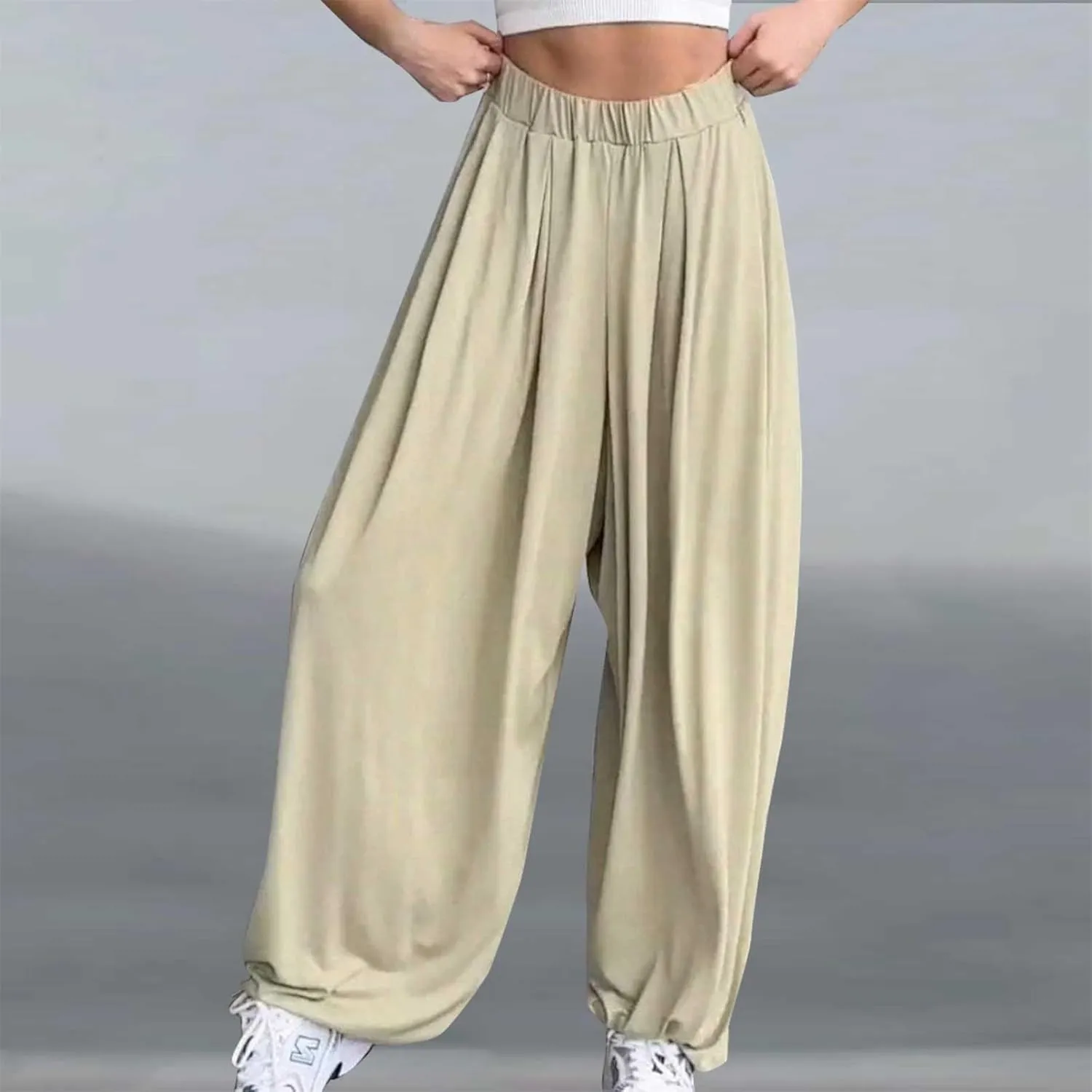 Women Elastic Waist Drawstring Harem Pants Casual Wide Leg Ankle Length Yoga Pants with Side Pockets Lightweight Pants