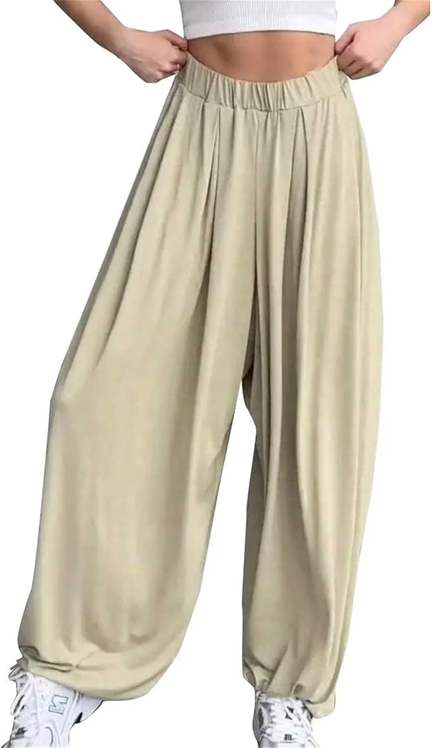 Women Elastic Waist Drawstring Harem Pants Casual Wide Leg Ankle Length Yoga Pants with Side Pockets Lightweight Pants