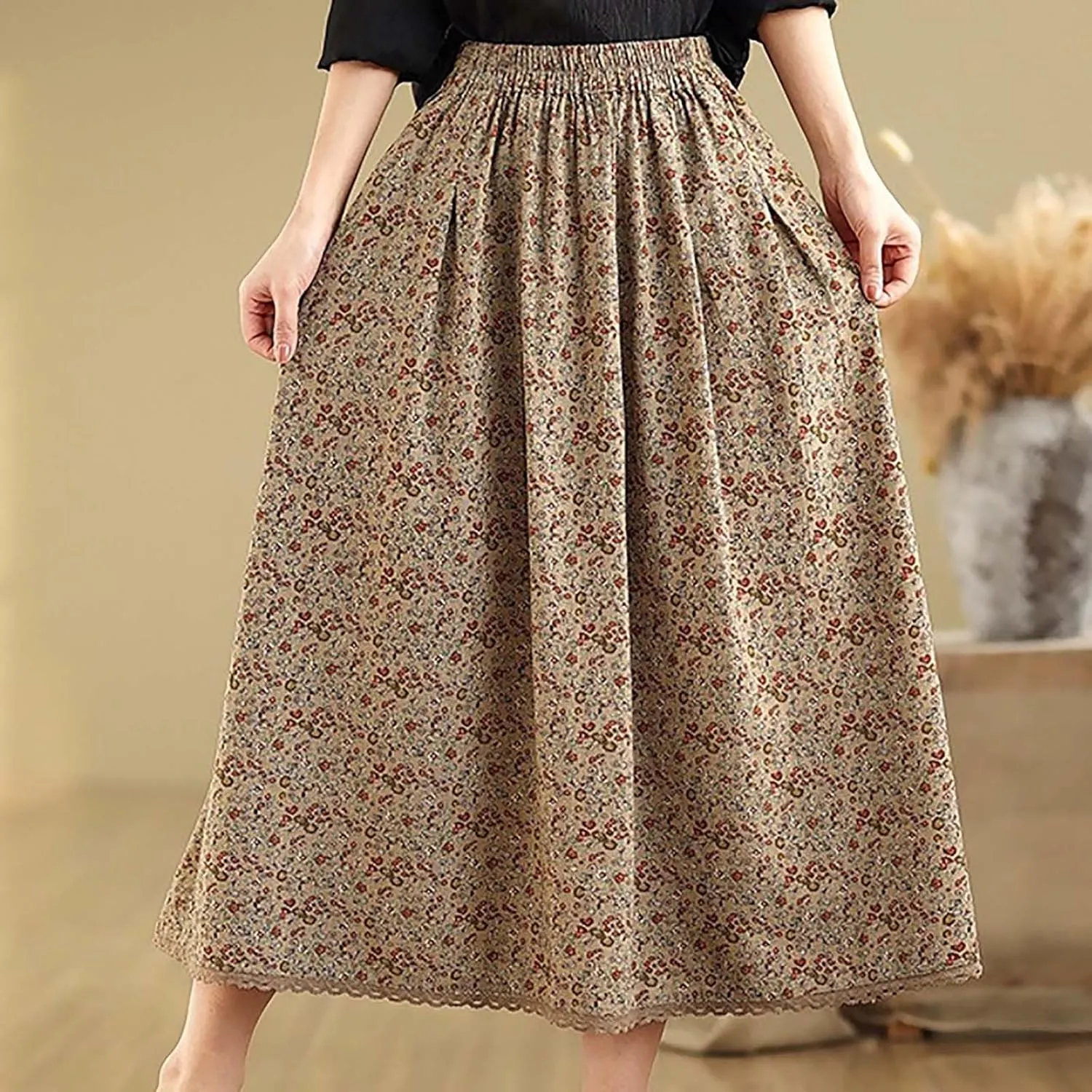 Women Summer High Waisted Skirts Waist Pleated A Line Midi Skirt Floral Skirts Bohemian Long Skirt Casual Clothes