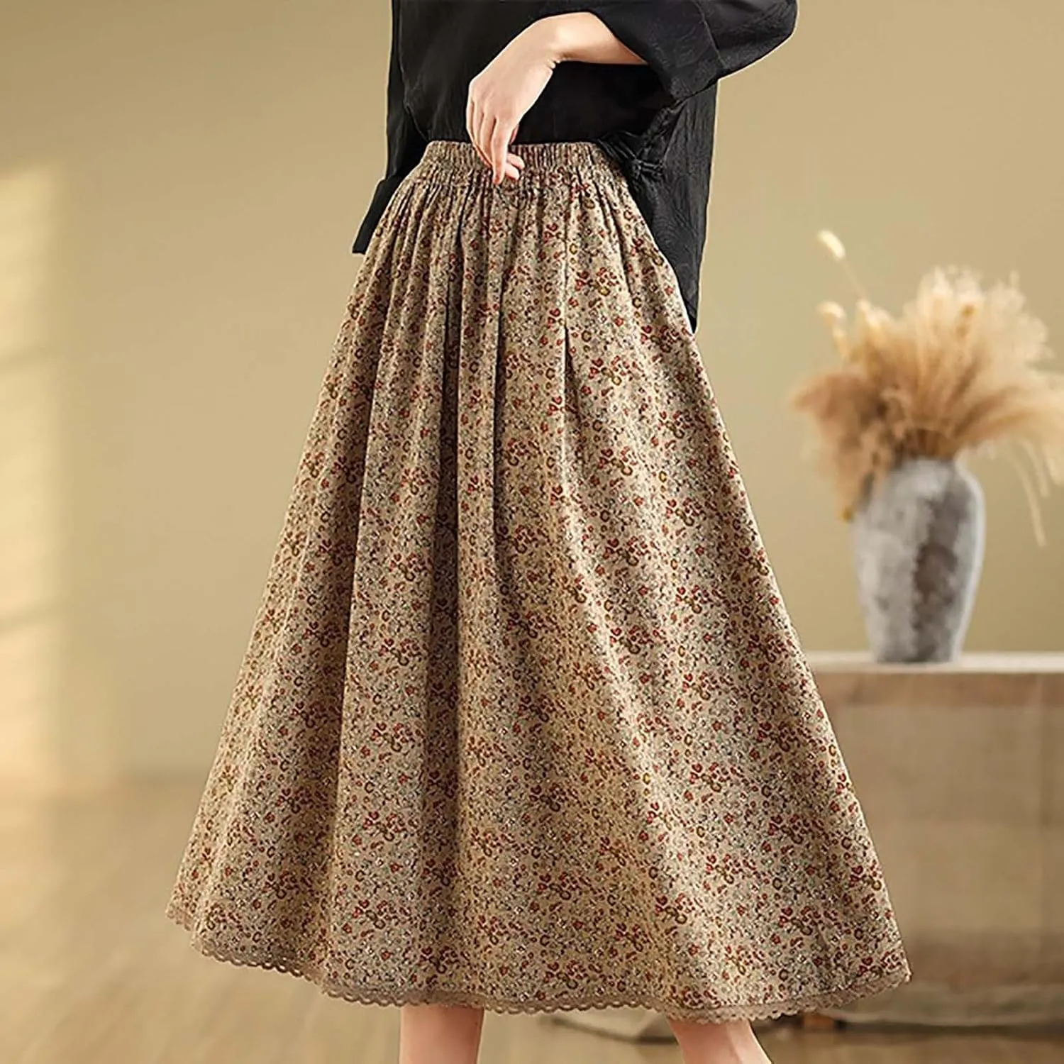 Women Summer High Waisted Skirts Waist Pleated A Line Midi Skirt Floral Skirts Bohemian Long Skirt Casual Clothes