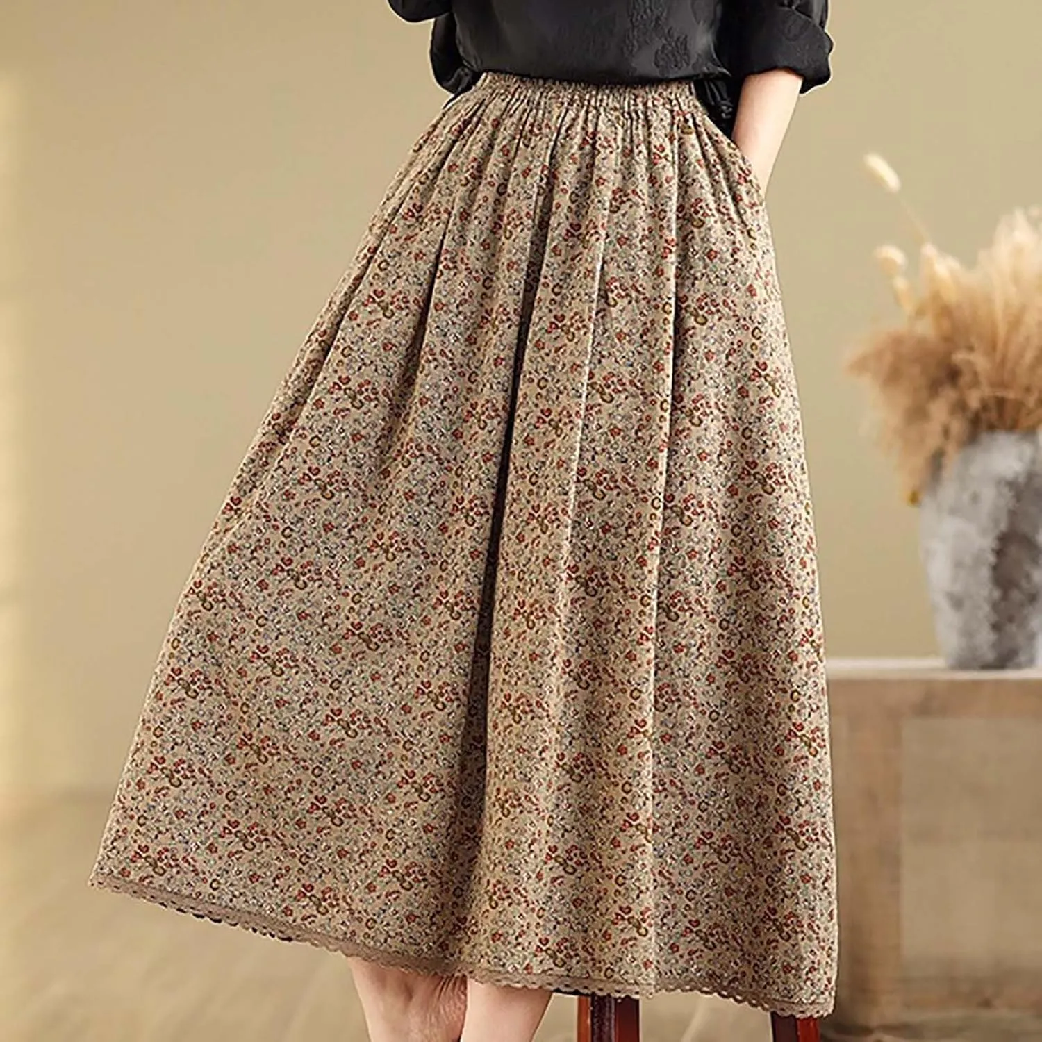 Women Summer High Waisted Skirts Waist Pleated A Line Midi Skirt Floral Skirts Bohemian Long Skirt Casual Clothes