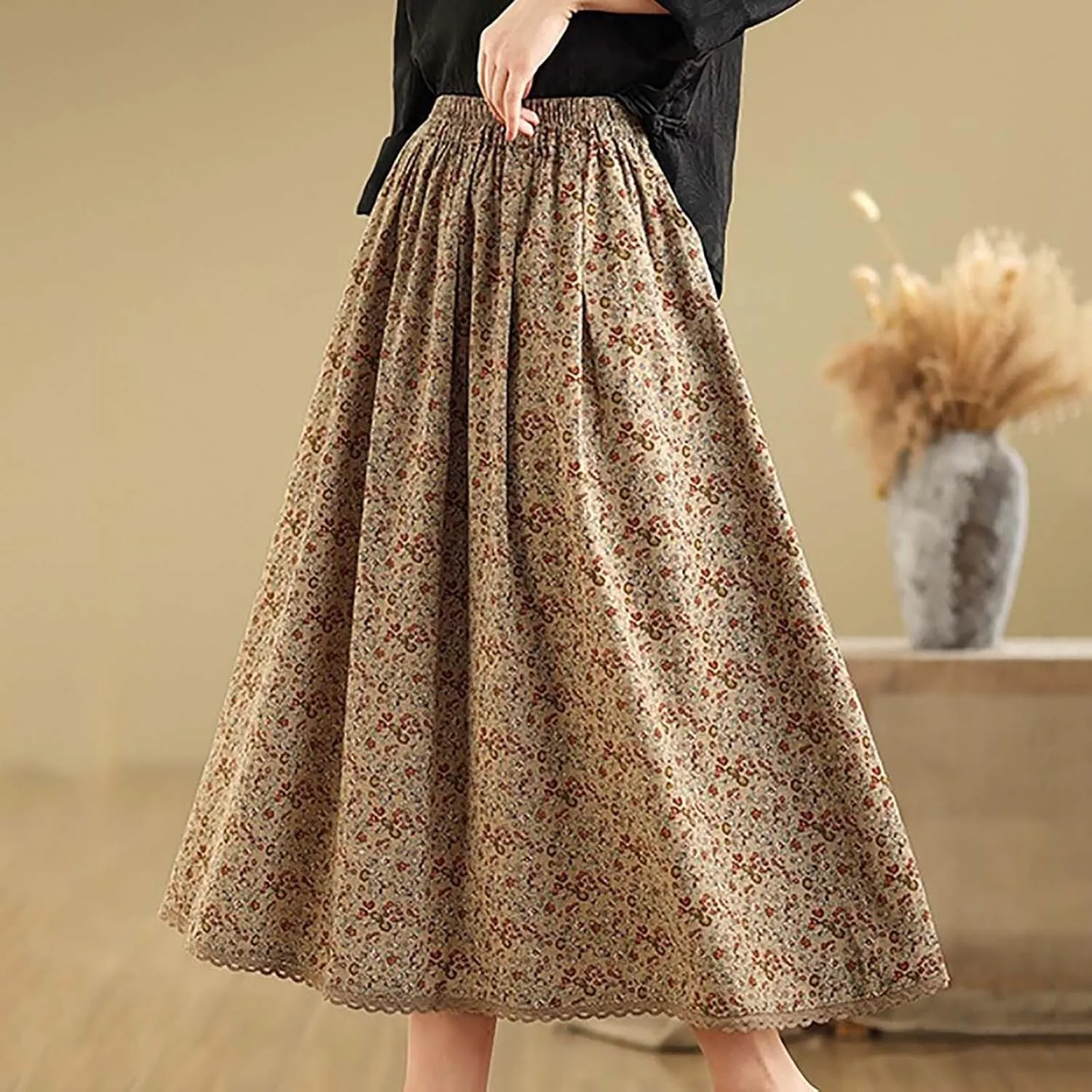 Women Summer High Waisted Skirts Waist Pleated A Line Midi Skirt Floral Skirts Bohemian Long Skirt Casual Clothes
