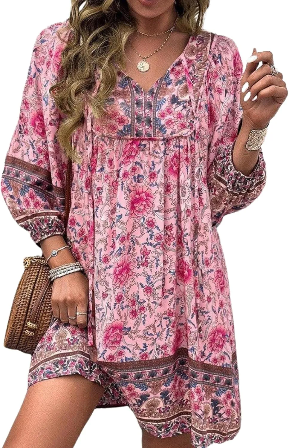 Women's Bohemian Floral Print Mini Dress 2025 Summer Casual V-Neck Long Sleeve Pink Beach Stylish Shift Dresses