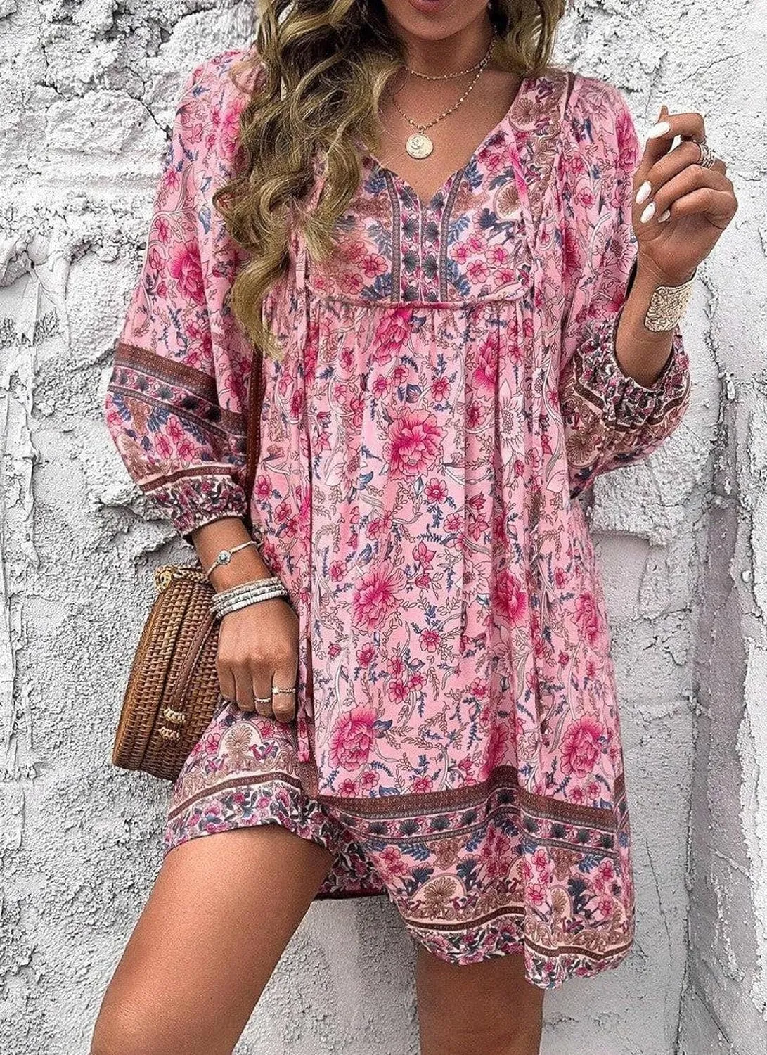 Women's Bohemian Floral Print Mini Dress 2025 Summer Casual V-Neck Long Sleeve Pink Beach Stylish Shift Dresses