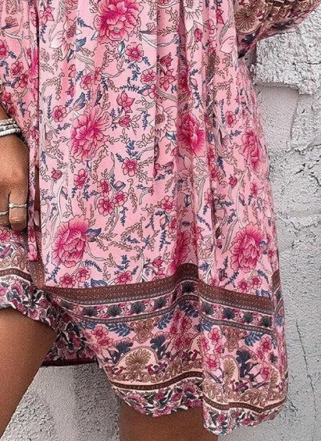 Women's Bohemian Floral Print Mini Dress 2025 Summer Casual V-Neck Long Sleeve Pink Beach Stylish Shift Dresses