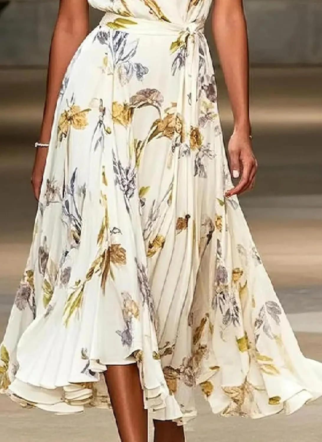 Womens Casual Floral Print Short Flutter Sleeve Midi Dress Summer Wrap V Neck Smocked High Waist Pleated Flowy Dress