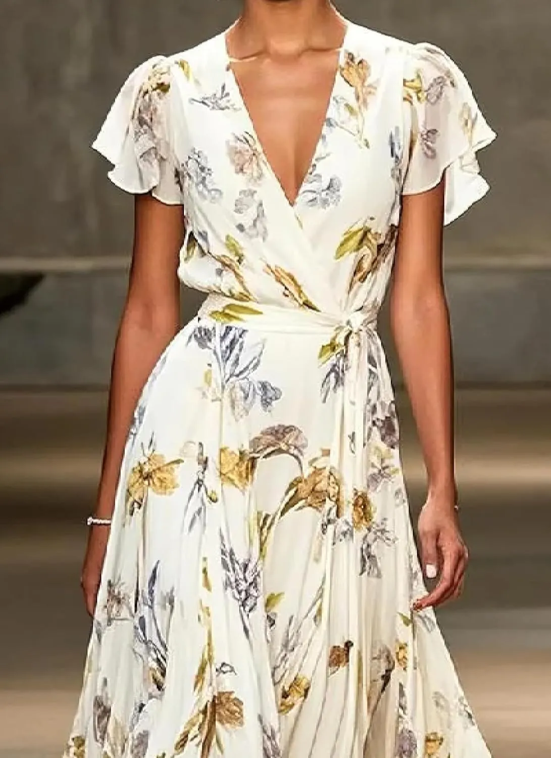 Womens Casual Floral Print Short Flutter Sleeve Midi Dress Summer Wrap V Neck Smocked High Waist Pleated Flowy Dress