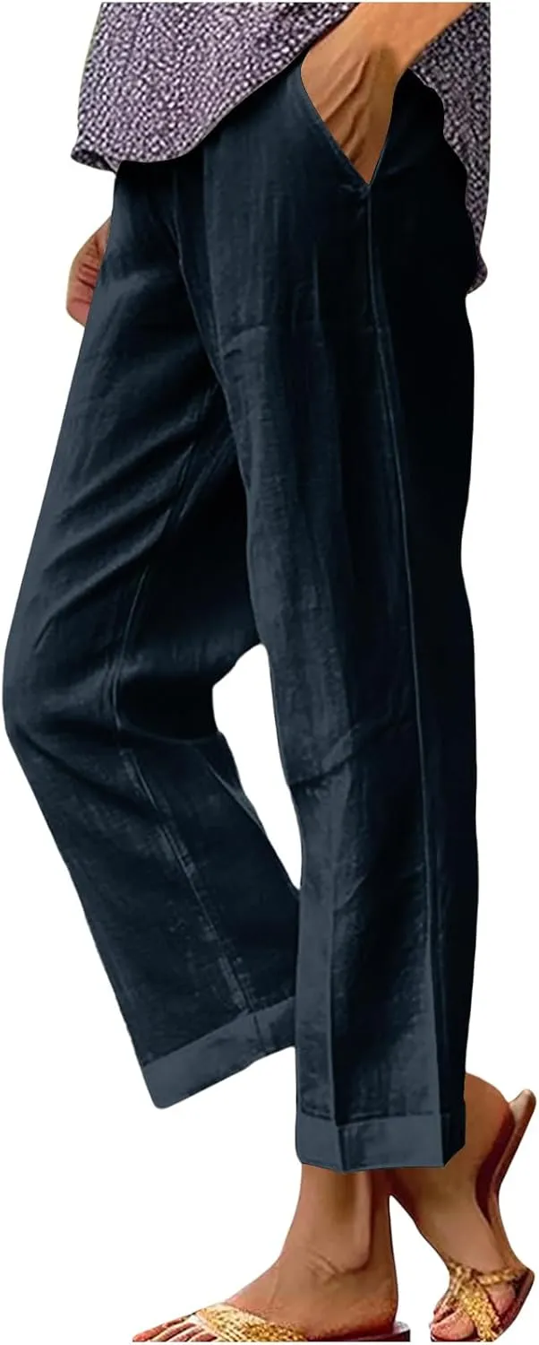 Women's Cotton and Linen Pants Summer Straight Loose Comfortable Work Lounge Beach Trousers with Pockets