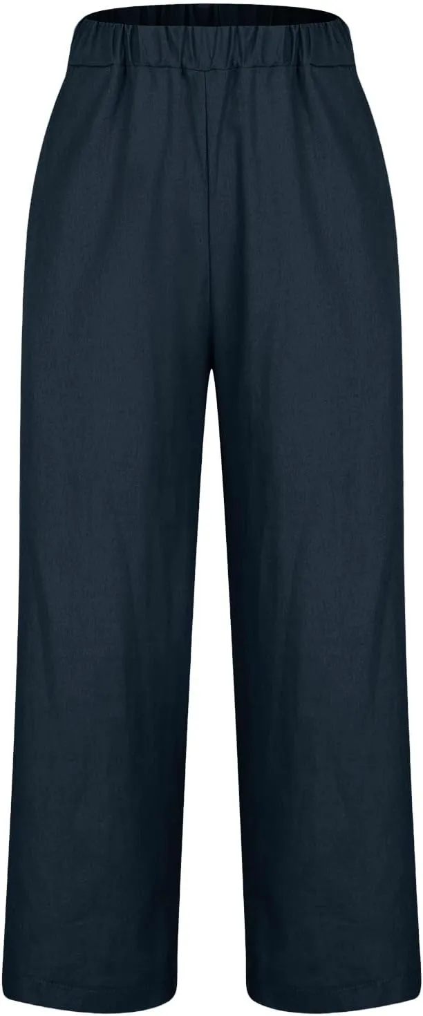 Women's Cotton and Linen Pants Summer Straight Loose Comfortable Work Lounge Beach Trousers with Pockets