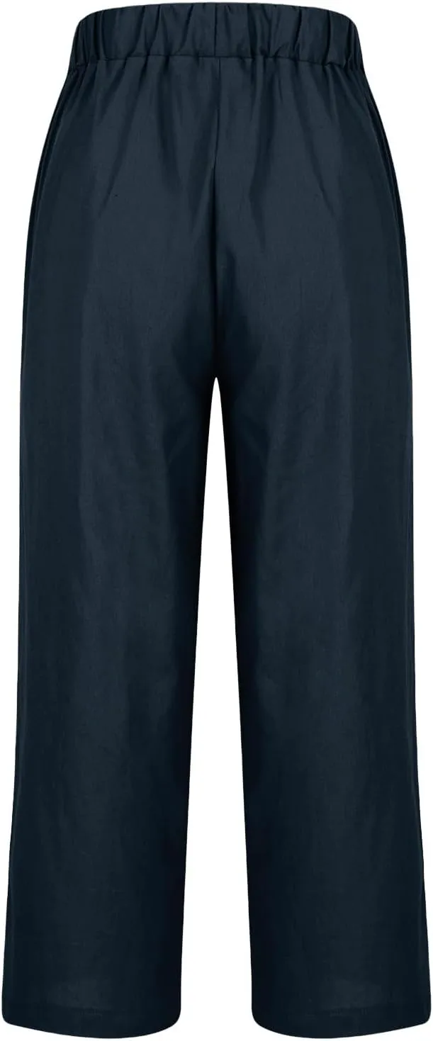 Women's Cotton and Linen Pants Summer Straight Loose Comfortable Work Lounge Beach Trousers with Pockets