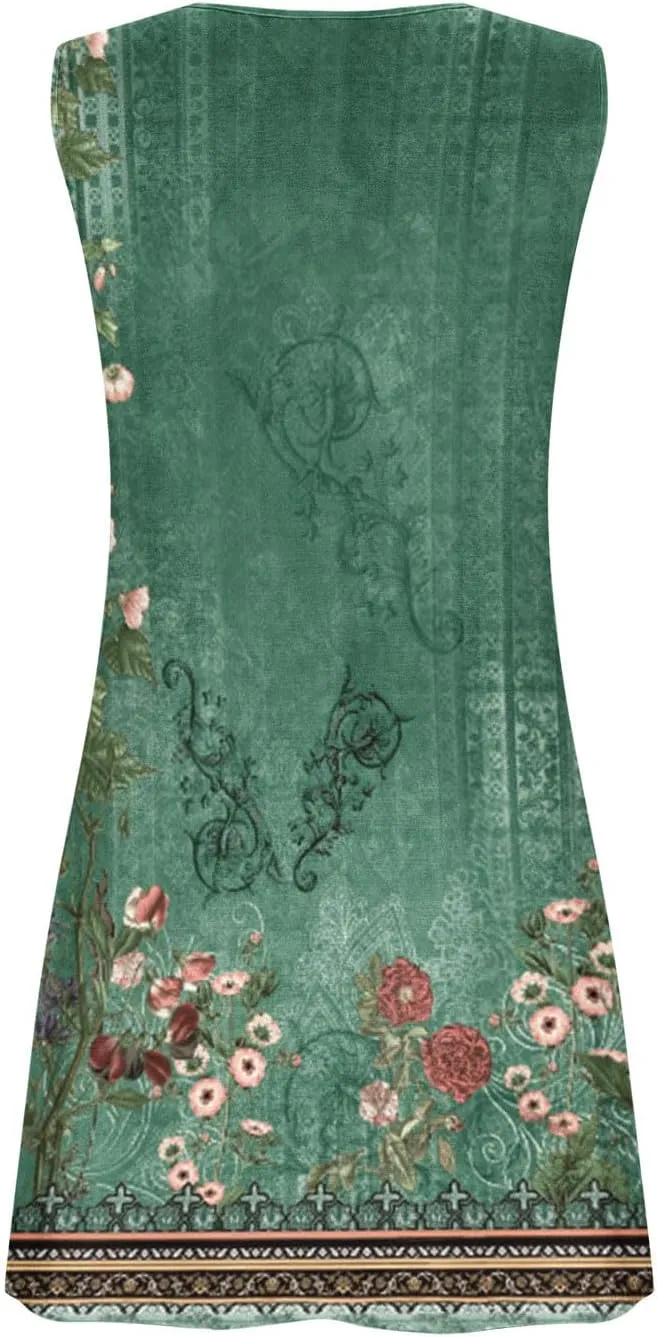Women's Crewneck Sleeveless Sundress Boho Floral Print Beach Dresses Loose Fit Trendy Comfortable Clothing