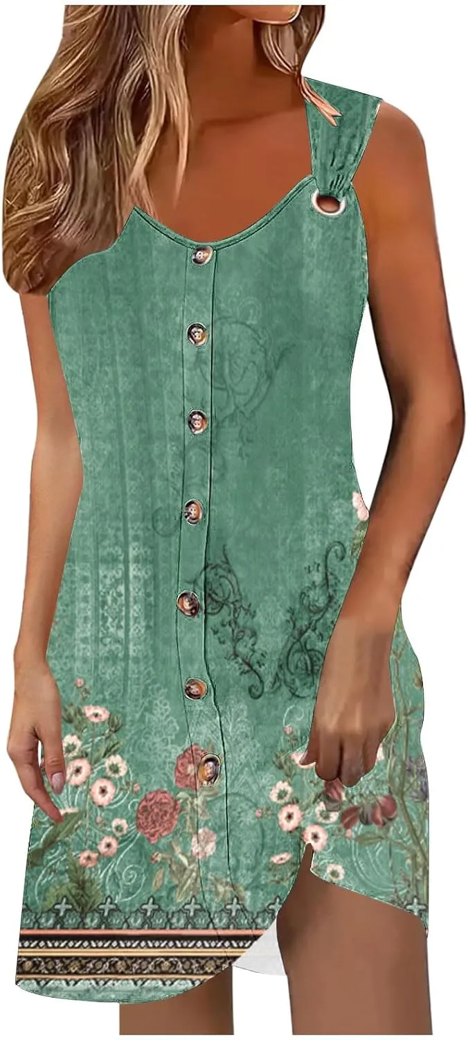 Women's Crewneck Sleeveless Sundress Boho Floral Print Beach Dresses Loose Fit Trendy Comfortable Clothing