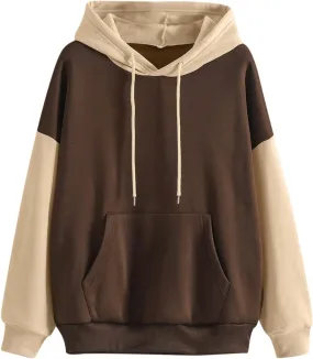 Women's Drawstring Color Block Sweatshirt Casual Comfortable Hooded Sweatshirt Autumn and Winter Warm Sweatshirt