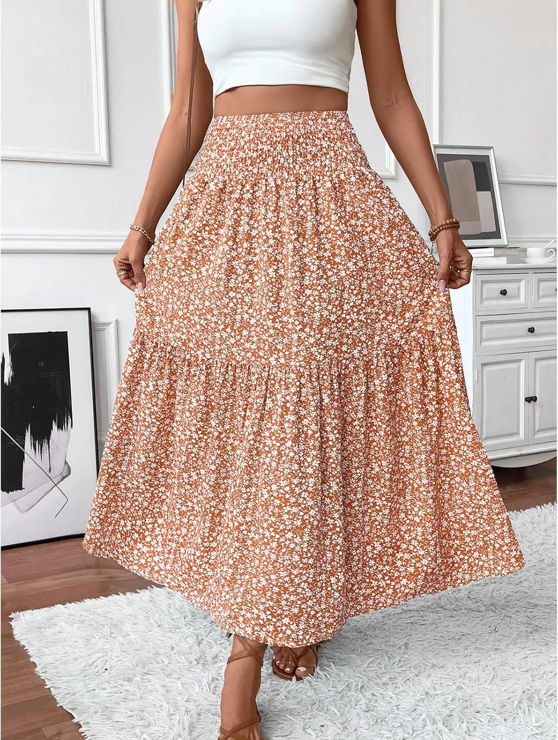 Womens High Elastic Waisted Skirts Summer Pleated Floral A-Line Midi Skirts Lightweight Boho Swing Flowy Skirt