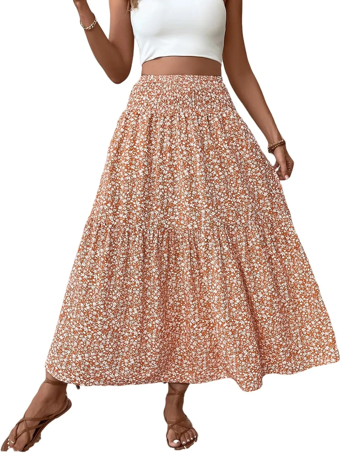 Womens High Elastic Waisted Skirts Summer Pleated Floral A-Line Midi Skirts Lightweight Boho Swing Flowy Skirt