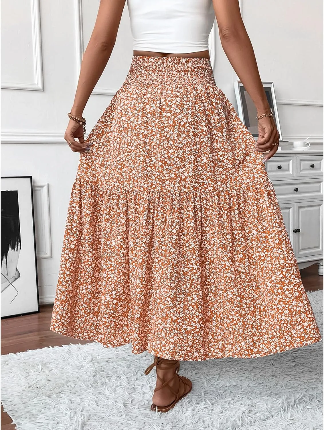 Womens High Elastic Waisted Skirts Summer Pleated Floral A-Line Midi Skirts Lightweight Boho Swing Flowy Skirt
