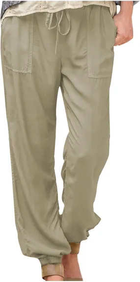 Women's Linen Casual Pants Drawstring Elastic Waist Straight Leg Loose Cinch Bottom Trousers Sweatpants with Pockets