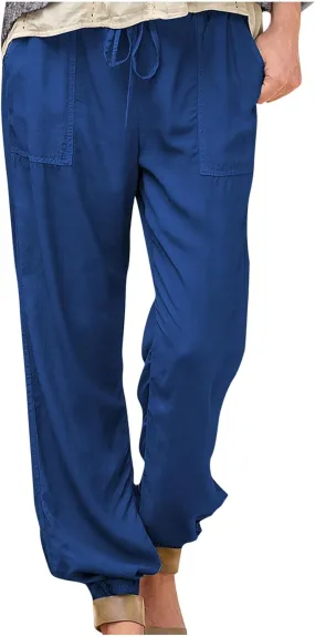 Women's Linen Casual Pants Drawstring Elastic Waist Straight Leg Loose Cinch Bottom Trousers Sweatpants with Pockets