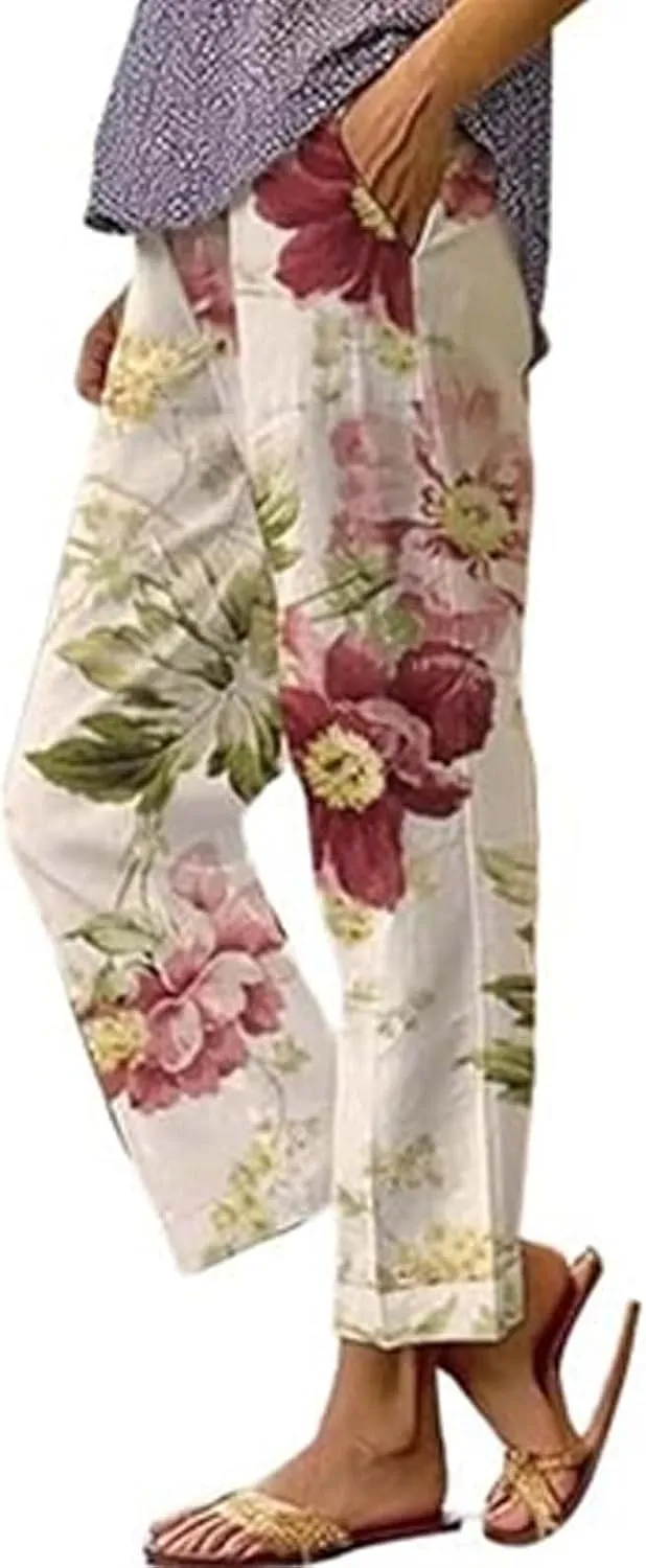 Women's Linen Pants with Pockets Flower Flower Casual Loose Comfortable Cotton Linen Womens Linen Pants Straight Leg